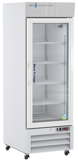 A tall, white NSF certified medical refrigerator with a glass door, labeled Med Fridge. It has multiple metal shelves inside, all empty. The fridge stands on wheels and features control buttons and a small display panel at the bottom front.