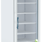 A tall, white medical refrigerator with a glass door, labeled ABS American BioTech Supply at the top and MediFridge vertically on the door. Inside are four adjustable metal shelves. The unit stands on wheels and has a digital control panel at the base.