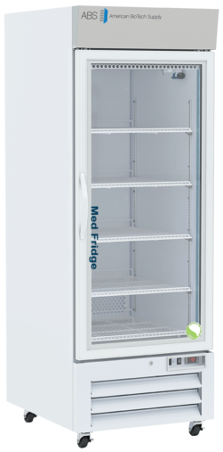 A tall, white medical refrigerator with a glass door, labeled ABS American BioTech Supply at the top and MediFridge vertically on the door. Inside are four adjustable metal shelves. The unit stands on wheels and has a digital control panel at the base.