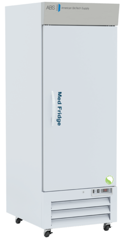 A tall, white medical refrigerator labeled Med Fridge stands upright on wheels. The top panel reads “ABS American BioTech Supply.” The front features a long handle and digital controls near the bottom right.