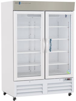 A large, white, two-door NSF certified pharmacy refrigerator medical refrigerator with glass doors, multiple adjustable wire shelves inside, and wheels at the base. The top is labeled American Biotech Supply and Med Fridge is printed vertically on the right door.