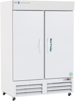A large, white, double-door medical refrigerator labeled Med Fridge stands upright. It has vertical handles, a vent and control panel at the bottom, and branding for American BioTech Supply at the top left corner.