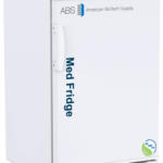 A white medical NSF/ANSI 456 certified pharmacy refrigerator from American BioTech Supply with Med Fridge written in blue on the solid right hinged door. It features a digital temperature display showing -40°C, a vent grille at the bottom, and a circular “NSF/ANSI 456” certification logo on the lower right.