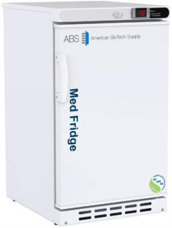 A white medical NSF/ANSI 456 certified pharmacy refrigerator from American BioTech Supply with Med Fridge written in blue on the solid right hinged door. It features a digital temperature display showing -40°C, a vent grille at the bottom, and a circular “NSF/ANSI 456” certification logo on the lower right.