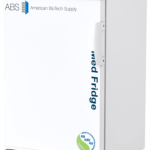 A white medical vaccine refrigerator labeled “ABS American BioTech Supply” with a vertical “Med Fridge” text, a digital temperature display showing -4.0°C, a white handle, and a blue-green NSF/ANSI 456 certification sticker on the lower left hinged door.