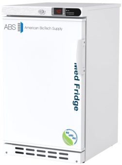 A white medical vaccine refrigerator labeled “ABS American BioTech Supply” with a vertical “Med Fridge” text, a digital temperature display showing -4.0°C, a white handle, and a blue-green NSF/ANSI 456 certification sticker on the lower left hinged door.