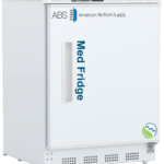 A white medical vaccine refrigerator with ABS American BioTech Supply and Med Fridge printed on the right hinged solid door. It has a digital control panel on top, a vertical handle, and an NSF/ANSI 456 certification sticker near the bottom right corner.