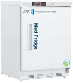 A white medical vaccine refrigerator with ABS American BioTech Supply and Med Fridge printed on the right hinged solid door. It has a digital control panel on top, a vertical handle, and an NSF/ANSI 456 certification sticker near the bottom right corner.
