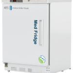 A white medical refrigerator labeled Med Fridge with a vertical handle on a left hinged door, a digital temperature display showing 4.0°C, and ABS American BioTech Supply branding. An NSF/ANSI 456 certification sticker is on the lower right corner of the door.