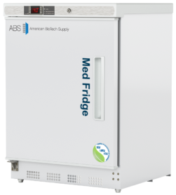 A white medical refrigerator labeled Med Fridge with a vertical handle on a left hinged door, a digital temperature display showing 4.0°C, and ABS American BioTech Supply branding. An NSF/ANSI 456 certification sticker is on the lower right corner of the door.