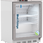 A white medical refrigerator with a glass door displays “Med Fridge” in blue text. The inside is lit, showing three adjustable shelves. The control panel at the top displays the temperature as -40°. Branding “ABS American BioTech Supply” appears on the front.