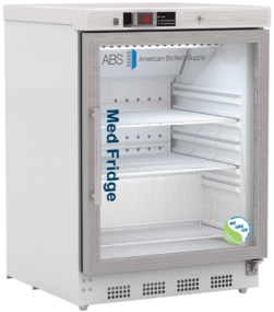 A white medical refrigerator with a glass door displays “Med Fridge” in blue text. The inside is lit, showing three adjustable shelves. The control panel at the top displays the temperature as -40°. Branding “ABS American BioTech Supply” appears on the front.