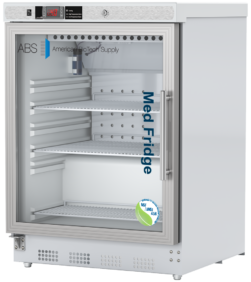 A stainless steel medical refrigerator with a glass door, three adjustable shelves, and a digital display on top. The door has “MedFridge” vertically printed and the ABS American BioTech Supply logo. A certification sticker is visible on the lower right of the left hinged door.