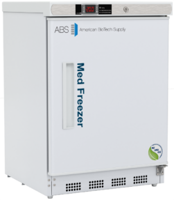 Front view of the American Biotech Supply PH-ABT-NSF-UCBI-0420 undercounter medical refrigerator, featuring a compact white cabinet with a solid door, integrated handle, and digital temperature control panel, designed for pharmaceutical-grade cold storage in space-constrained clinical environments.