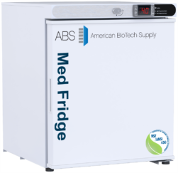 A white Freestanding Countertop Vaccine Refrigerator with ABS and American BioTech Supply logos, digital temperature display at 4.8°C, and Med Fridge text on the side. NSF/ANSI 456 certification seal is visible at the lower right corner.