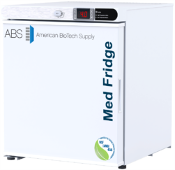 A compact white medical vaccine refrigerator, left hinged, with a digital temperature display reading 4.0°C. The door says “Med Fridge” and “ABS American BioTech Supply,” with an NSF/ANSI 456 certification badge on the lower corner.