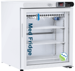 A white medical refrigerator with glass front door, digital temperature display showing 4.8°C, and three wire shelves. The door is labeled “ABS American Biotech Supply Med Fridge.” An NSF/ANSI 456 certification sticker is on the lower right corner.