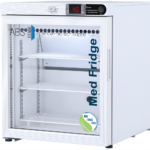 A white medical refrigerator with a glass door labeled Med Fridge on the front. The interior has three adjustable wire shelves. The digital display shows a temperature of 4.0°C. Logos for ABS, NSF, and ANSI 456 certification are visible.