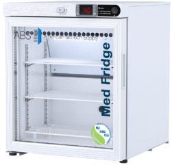 A white medical refrigerator with a glass door labeled Med Fridge on the front. The interior has three adjustable wire shelves. The digital display shows a temperature of 4.0°C. Logos for ABS, NSF, and ANSI 456 certification are visible.