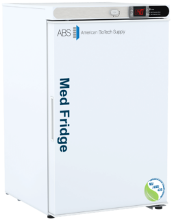 A white medical refrigerator labeled Med Fridge and American BioTech Supply stands upright. The control panel displays 48°F. A round NSF/ANSI sticker is on the lower right corner, indicating certification. The door handle is on the left side.