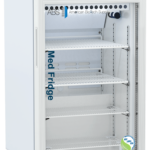 A white medical refrigerator with a glass door, four wire shelves, and a digital display showing 4.8°C on the top right. The label on the door reads ABS American BioTech Supply and Med Fridge. A green-blue NSF/ANSI 456 sticker is on the bottom right corner.