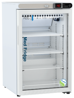 A white medical refrigerator with a glass door, four wire shelves, and a digital display showing 4.8°C on the top right. The label on the door reads ABS American BioTech Supply and Med Fridge. A green-blue NSF/ANSI 456 sticker is on the bottom right corner.