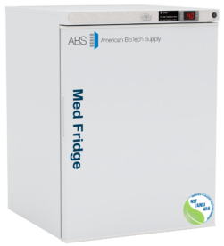 A white medical refrigerator labeled Med Fridge on the side, with ABS American BioTech Supply on the door, a digital temperature display showing -4.0°C, a lock on top, and an NSF/ANSI 456 certification sticker in the lower right corner.