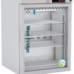 Exterior view of the American Biotech Supply PH-ABT-NSF-UCFS-0504G undercounter medical freezer, featuring a compact white cabinet with a glass door, digital temperature display, and interior shelving, designed for pharmaceutical and clinical cold storage. NSF/ANSI 456 vaccine refrigerator 5.2 cu. ft. glass door