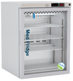 Exterior view of the American Biotech Supply PH-ABT-NSF-UCFS-0504G undercounter medical freezer, featuring a compact white cabinet with a glass door, digital temperature display, and interior shelving, designed for pharmaceutical and clinical cold storage. NSF/ANSI 456 vaccine refrigerator 5.2 cu. ft. glass door