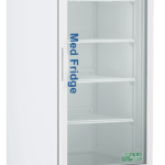 A tall, white 23 cu. ft. pharmacy refrigerator with a glass front door, labeled “Med Fridge” in blue letters. It features four adjustable wire shelves, caster wheels, a vented base, and displays the American Biotech Supply brand at the top.