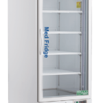 A tall, white Standard Pharmacy Refrigerator with a glass front door labeled “Med Fridge.” Inside are adjustable metal shelves. The fridge features wheels for mobility, ventilation grilles at the bottom, and the ABS American BioTech Supply brand at the top.