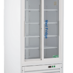 A tall, white medical refrigerator with glass sliding doors, four interior shelves, and a digital temperature panel at the bottom. The text Med Fridge is printed on the right door, and the unit stands on four caster wheels.