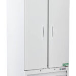 A tall, white, 36 cu ft solid door pharmacy refrigerator with a stainless steel top, labeled ABS American Biotech Supply. It stands on wheels and has a vented panel and small digital display at the bottom right.