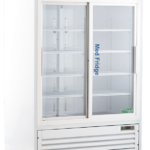 A large, white Laboratory Refrigerator with glass sliding doors, visible shelves inside, and wheels at the bottom. “Med Fridge” is printed vertically on the right door. The unit has a vented panel below and a silver panel with text on top.