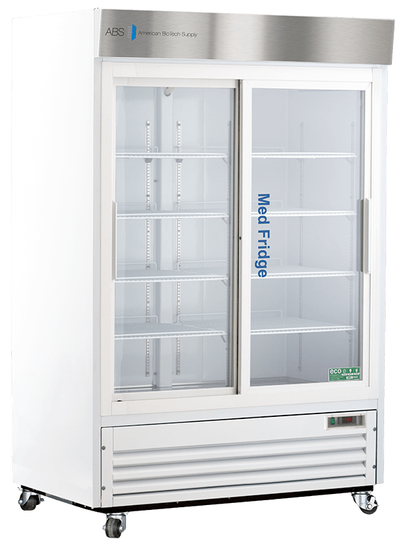 A large, white Laboratory Refrigerator with glass sliding doors, visible shelves inside, and wheels at the bottom. “Med Fridge” is printed vertically on the right door. The unit has a vented panel below and a silver panel with text on top.