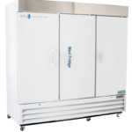 A large, white, 72 Cu. Ft. Standard Pharmacy Solid triple Door Refrigerator on wheels labeled Med Fridge and ABS American Biotech Supply. It has a stainless steel top and ventilation grill at the bottom, with sleek handles on each door.