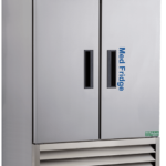 A large, 49 Cu. Ft. Stainless Steel Pharmacy Refrigerator labeled “Med Fridge” stands on wheels. The upper panel displays a digital control screen and branding, while vented panels are at the bottom for cooling. The surface is clean and reflective.