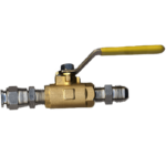 A brass ball valve with a yellow handle is connected to metal pipe fittings on both ends. The handle is positioned perpendicular to the valve, indicating the closed position. The background is plain white.