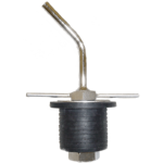 A metal and black rubber tank vent fitting with a threaded cylindrical body, a hexagonal nut at the base, and a bent metal tube extending upward, used for venting fuel tanks or containers. Two metal rods extend horizontally near the top.