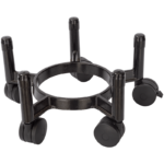 A black metal plant caddy or pot stand with five upright supports and five wheels, arranged in a circular formation. The caddy is designed to hold and move a large plant pot easily, and is photographed on a plain white background.
