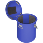 A blue cylindrical container with a hinged lid is open, revealing black foam padding inside the lid and lining the interior walls. The container has metal handles on each side and a latch on the front for securing the lid.