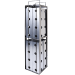 A tall, rectangular, silver metal storage rack with vertical sides featuring evenly spaced round holes. The rack has an open design with two stacked sections and handles on top, set against a plain white background.