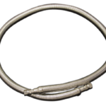 A coiled, flexible metal hose with a ribbed surface and hexagonal fittings at both ends is shown against a plain white background. The hose appears tubular and metallic, likely used for plumbing or industrial fluid transfer.