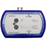 A rectangular blue and white electronic device labeled LOW LEVEL ALARM, featuring indicator lights and buttons for LEVEL CHECK and TEST MUTE. Status labels include AC POWER and SENSOR, with LEDs for level, battery, and sensor status.